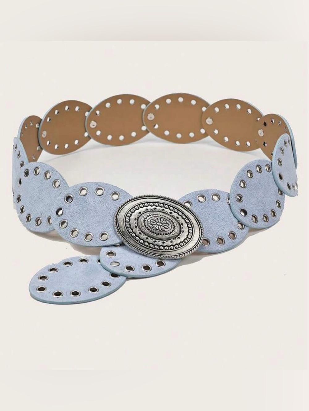 Light Blue Oval Suede Belt with Silver Concho